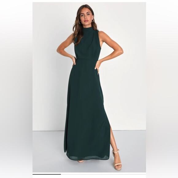 Lulus Classic Elegance Emerald Chiffon Sleeveless Mock Neck Maxi Dress Size XL - Picture 1 of 8